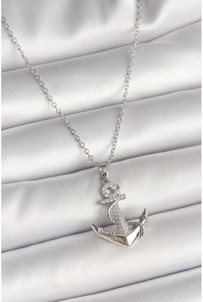 Shoecide 316l Çelik Gümüş Renk Zincir Zirkon Taş Detaylı Çapa Model Kadın Kolye