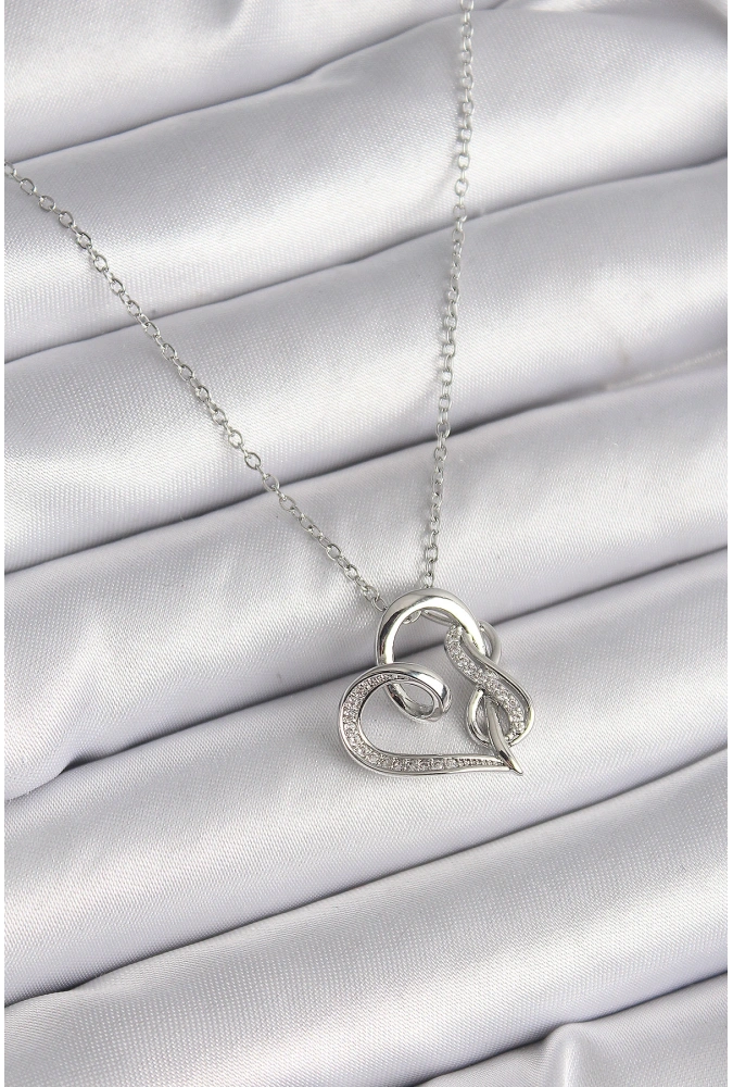 Shoecide 316l Çelik Gümüş Renk Zincir Zirkon Taş Detaylı Kalp Model Sonsuzluk Detay Kadın Kolye
