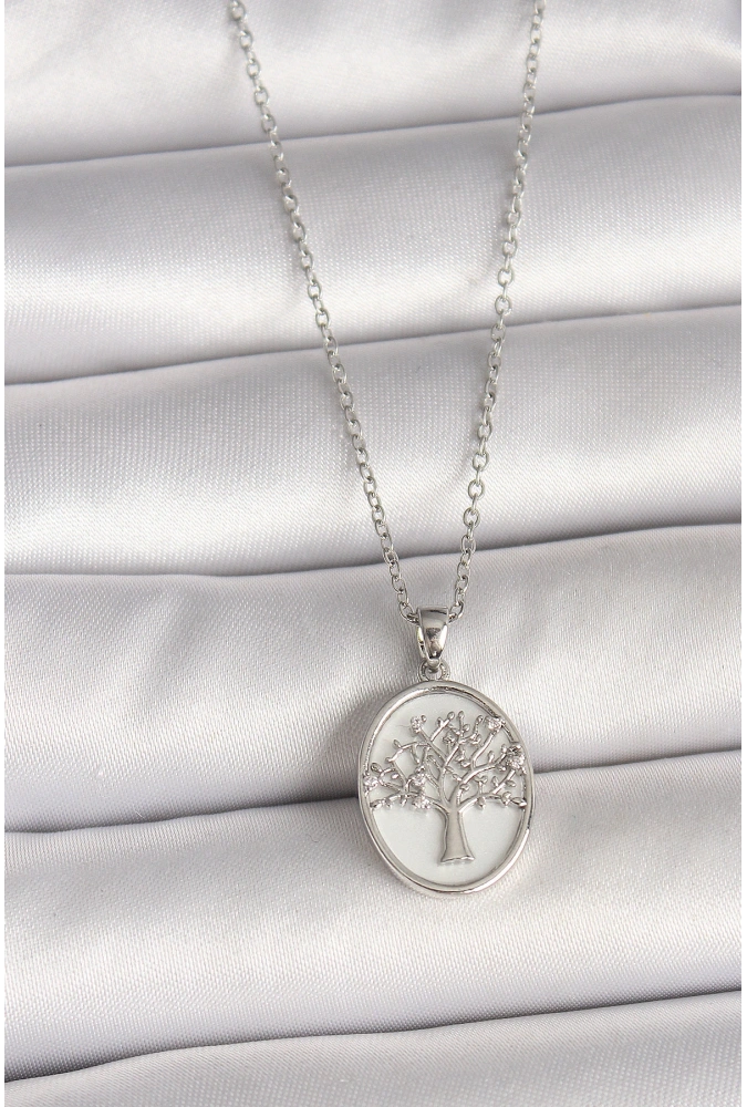 Shoecide 316l Çelik Gümüş Renk Zincir Zirkon Taş İşlemeli Beyaz Mineli Ağaç İşlemeli Portre Model Kadın Kolye
