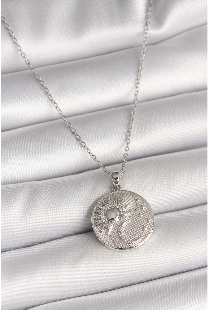 Shoecide 316l Çelik Gümüş Renk Zincir Zirkon Taşlı Ay Güneş İşlemeli Madalyon Model Kadın Kolye