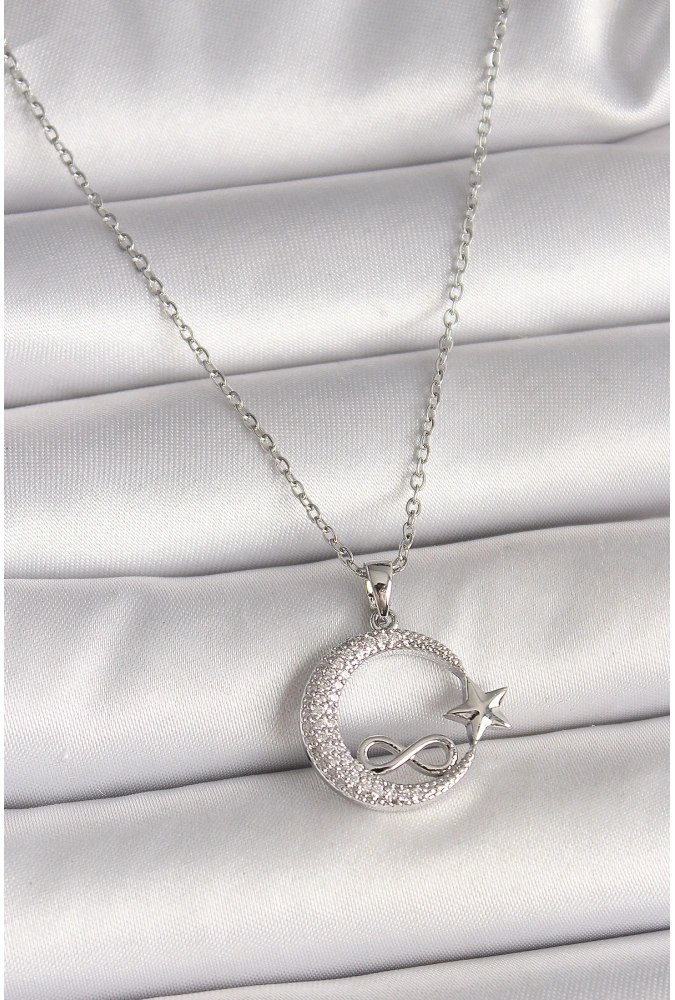 Shoecide 316l Çelik Gümüş Renk Zincir Zirkon Taşlı Ay Yıldız Model Sonsuzluk Detay Kadın Kolye