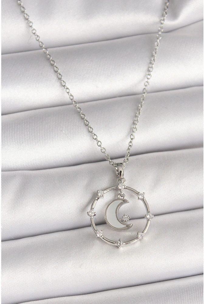 Shoecide 316l Çelik Gümüş Renk Zincir Zirkon Taşlı Beyaz Mineli Hilal Model Kadın Kolye