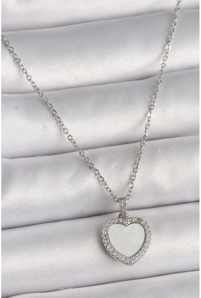 Shoecide 316l Çelik Gümüş Renk Zincir Zirkon Taşlı Beyaz Mineli Kalp Model Kadın Kolye