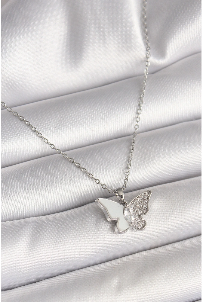 Shoecide 316l Çelik Gümüş Renk Zincir Zirkon Taşlı Beyaz Mineli Kelebek Model Kadın Kolye