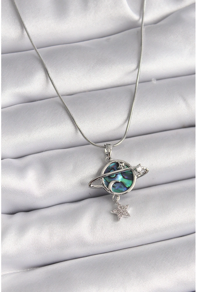 Shoecide 316l Çelik Gümüş Renk Zincir Zirkon Taşlı Gezegen Model Kadın Kolye