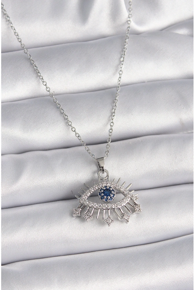 Shoecide 316l Çelik Gümüş Renk Zincir Zirkon Taşlı Göz Model Kadın Kolye