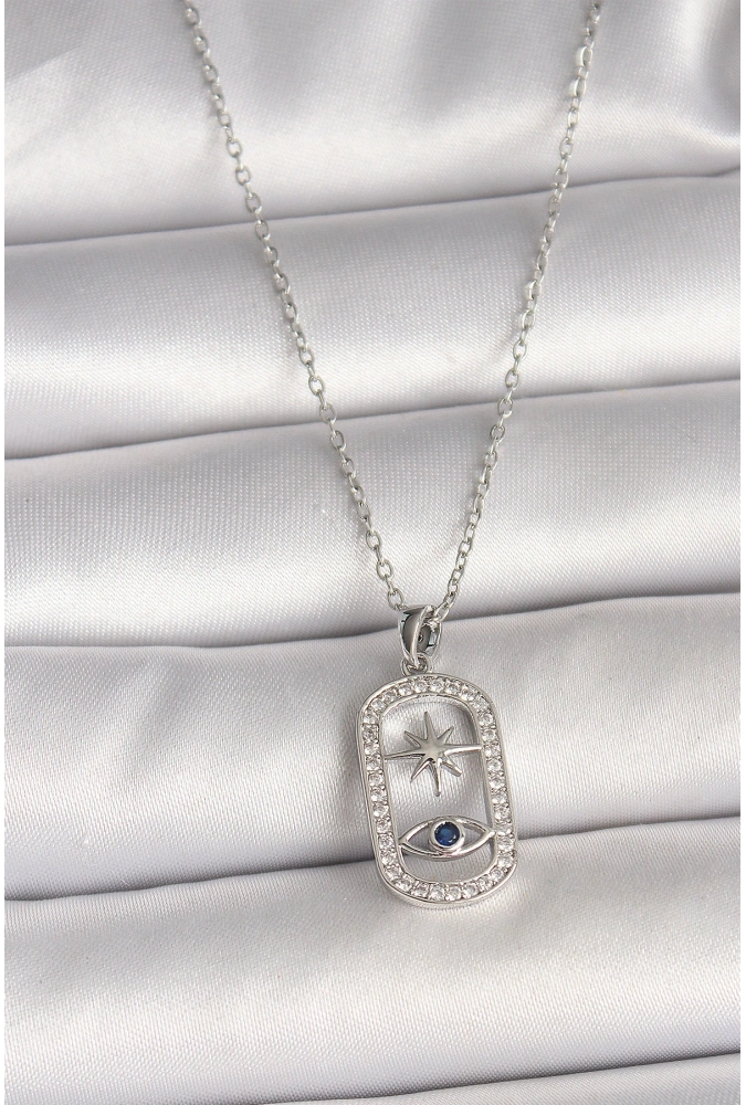 Shoecide 316l Çelik Gümüş Renk Zincir Zirkon Taşlı Göz Yıldız Model Kadın Kolye