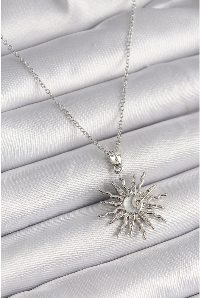 Shoecide 316l Çelik Gümüş Renk Zincir Zirkon Taşlı Güneş Model Sedefli Ay İşleme Detay Kadın Kolye