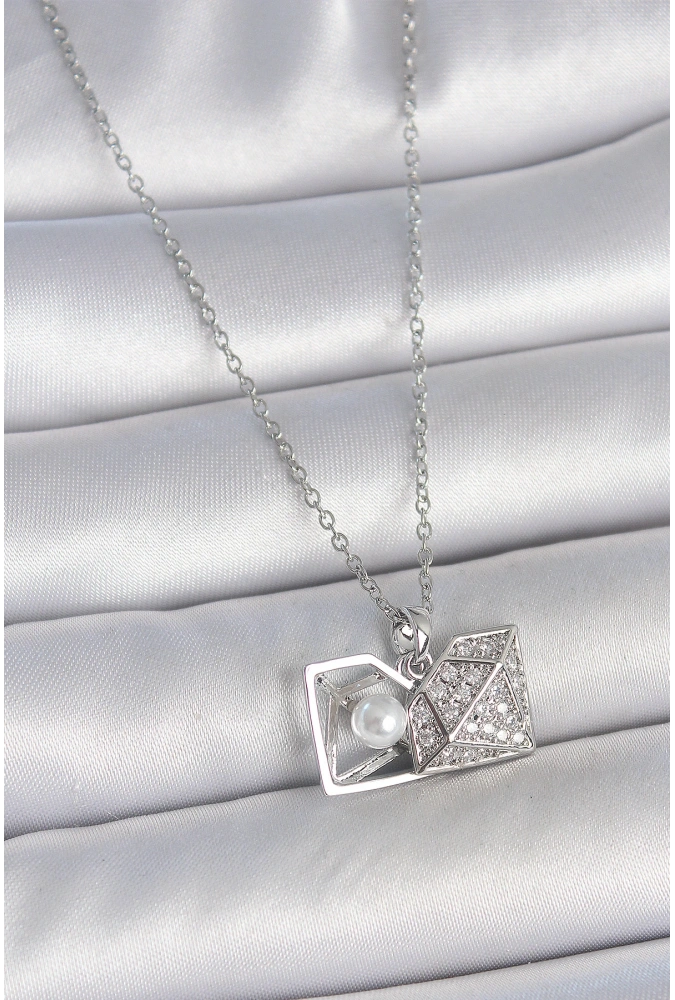 Shoecide 316l Çelik Gümüş Renk Zincir Zirkon Taşlı İncili Açılır Elmas Model Kadın Kolye