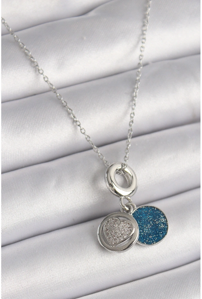 Shoecide 316l Çelik Gümüş Renk Zincir Zirkon Taşlı İşleme Mavi Simli Kadın Kolye