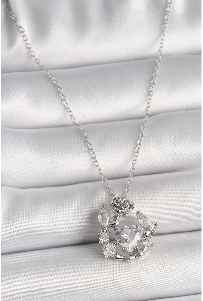 Shoecide 316l Çelik Gümüş Renk Zincir Zirkon Taşlı Kalp Figür Gül Detay Kadın Kolye