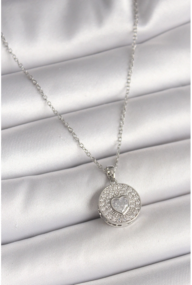 Shoecide 316l Çelik Gümüş Renk Zincir Zirkon Taşlı Kalp İşlemeli Madalyon Model Kadın Kolye