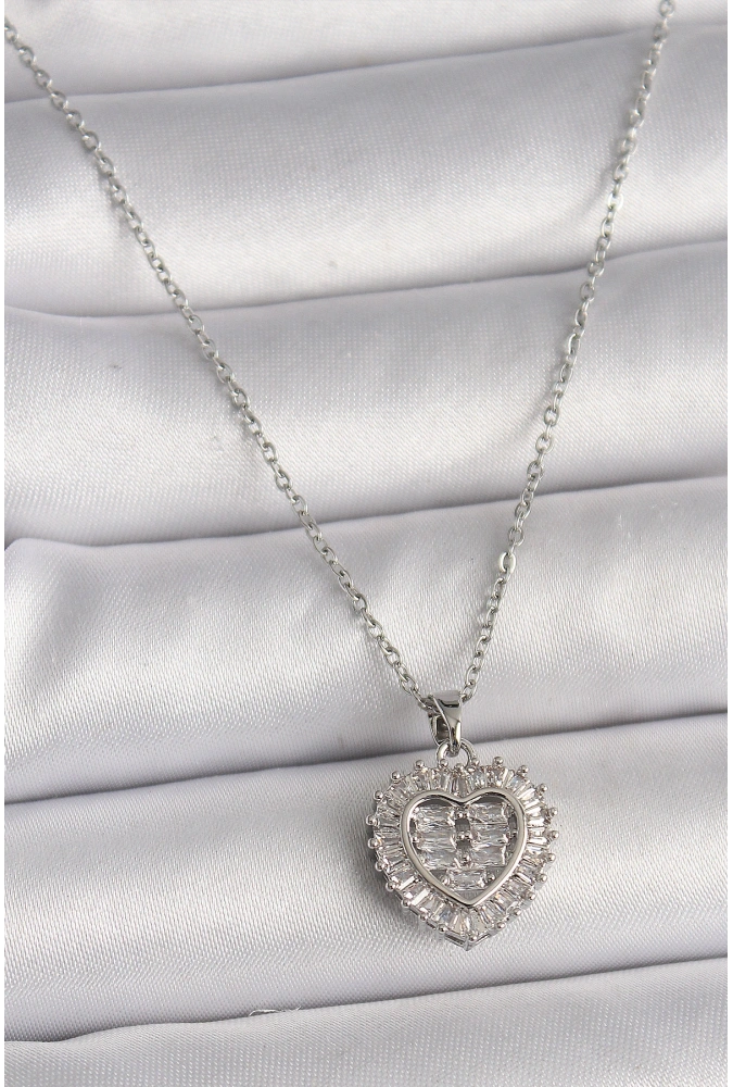 Shoecide 316l Çelik Gümüş Renk Zincir Zirkon Taşlı Kalp Model Kadın Kolye