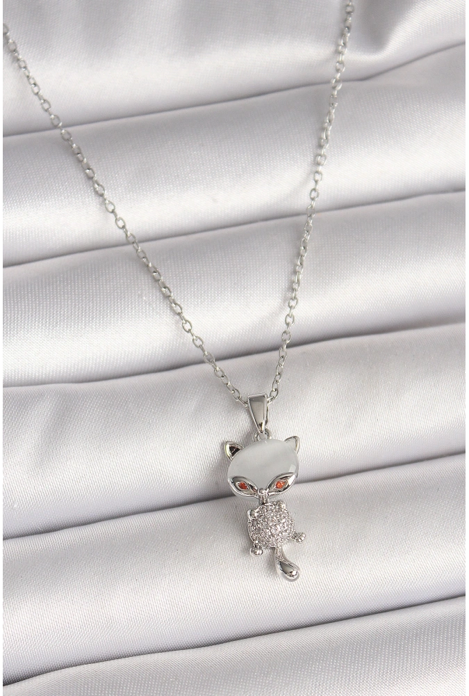 Shoecide 316l Çelik Gümüş Renk Zincir Zirkon Taşlı Kedi Model Kadın Kolye