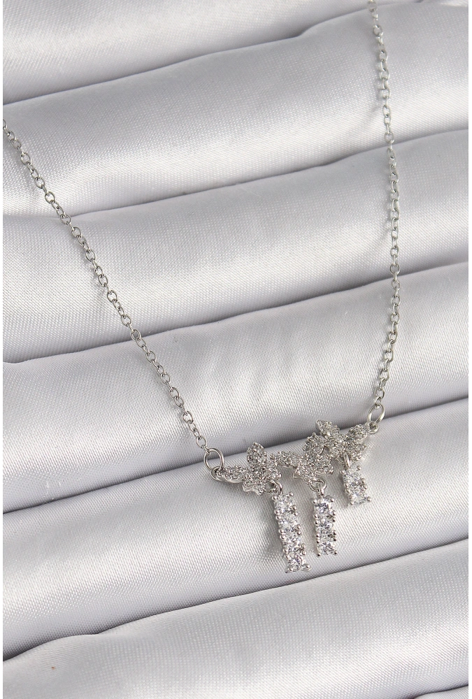 Shoecide 316l Çelik Gümüş Renk Zincir Zirkon Taşlı Kelebek Model Sallantı Detay Kadın Kolye