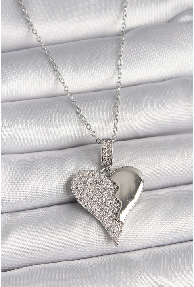 Shoecide 316l Çelik Gümüş Renk Zincir Zirkon Taşlı Kırık Kalp Model Kadın Kolye