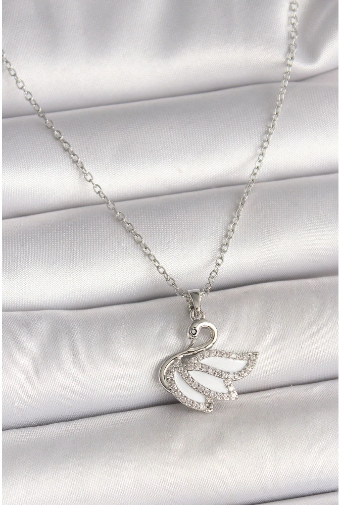 Shoecide 316l Çelik Gümüş Renk Zincir Zirkon Taşlı Kuğu Model Kadın Kolye