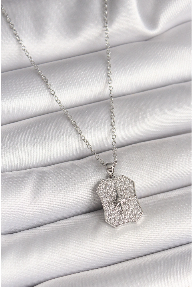 Shoecide 316l Çelik Gümüş Renk Zincir Zirkon Taşlı Kutup Yıldız İşlemeli Madalyon Model Kadın Kolye