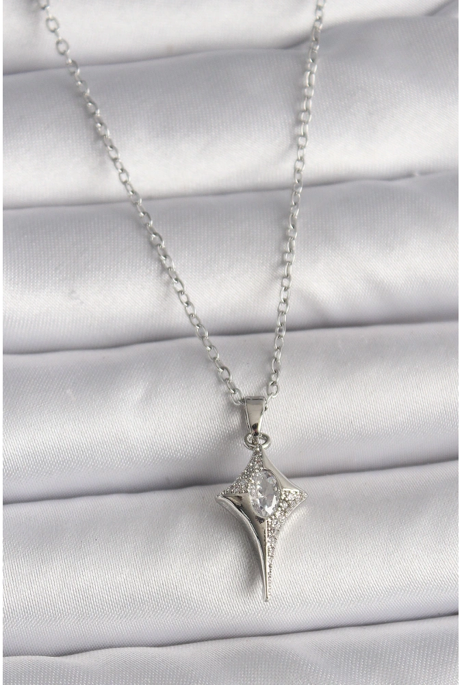 Shoecide 316l Çelik Gümüş Renk Zincir Zirkon Taşlı Kuzey Yıldızı Model Kadın Kolye