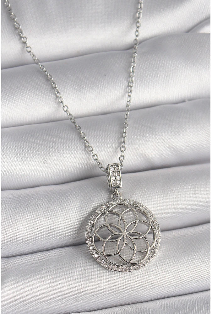 Shoecide 316l Çelik Gümüş Renk Zincir Zirkon Taşlı Lotus Model Kadın Kolye