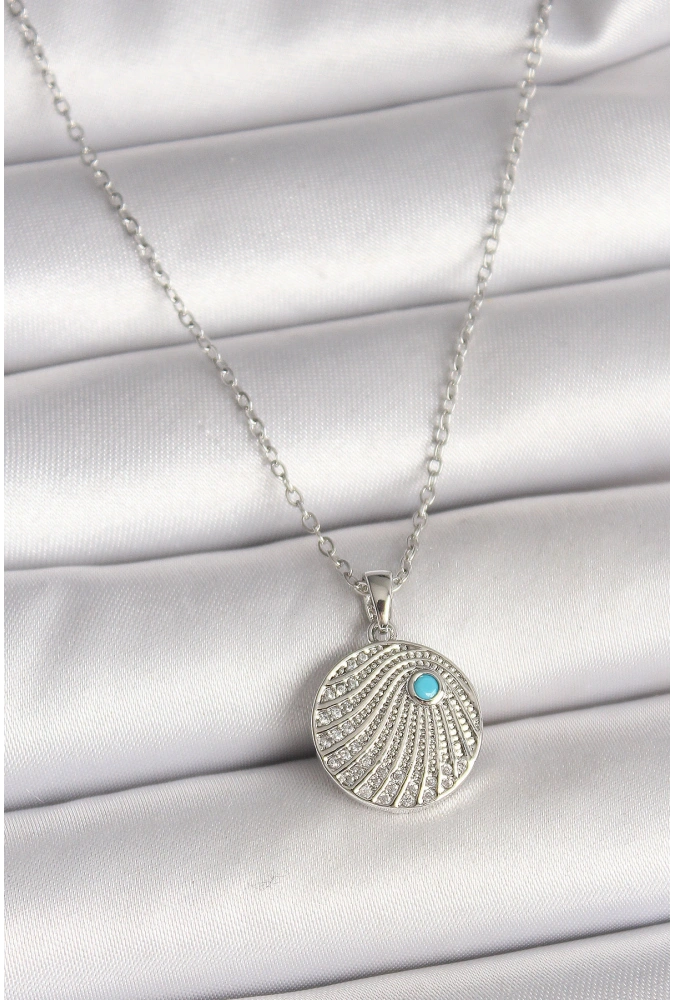 Shoecide 316l Çelik Gümüş Renk Zincir Zirkon Taşlı Mavi Taş Detaylı Madalyon Model Kadın Kolye