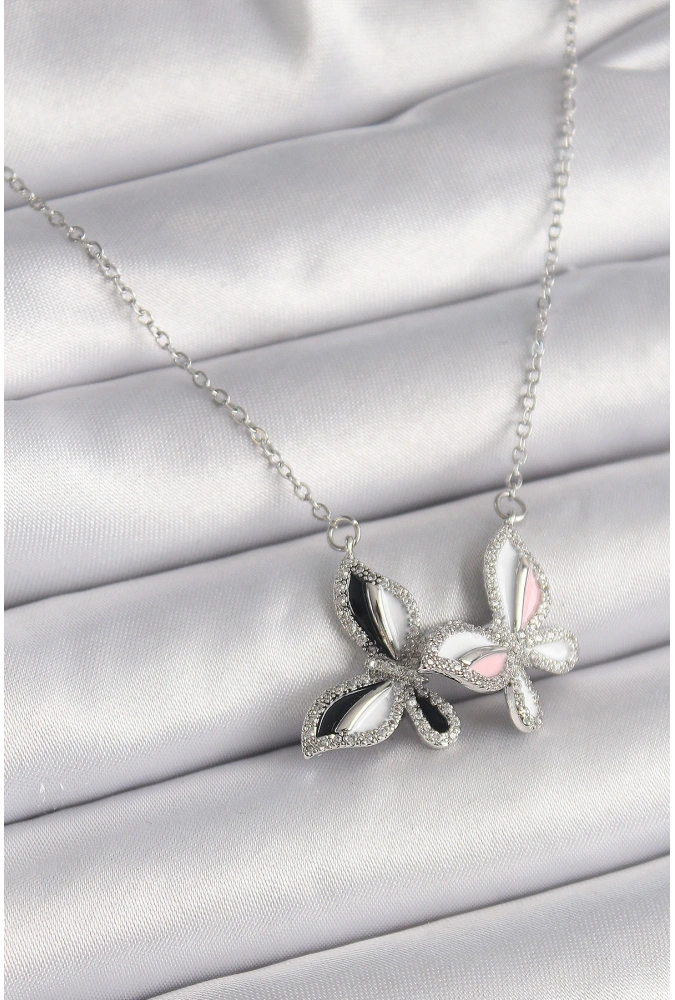 Shoecide 316l Çelik Gümüş Renk Zincir Zirkon Taşlı Renkli Kelebek Model Kadın Kolye