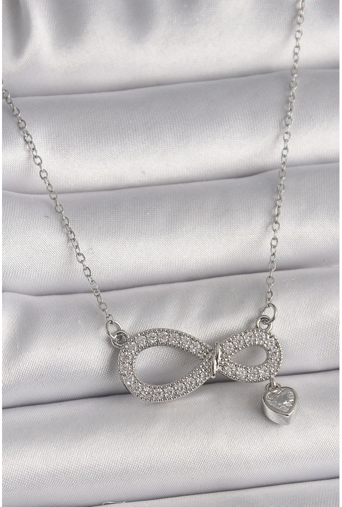 Shoecide 316l Çelik Gümüş Renk Zincir Zirkon Taşlı Sonsuzluk Model Taşlı Kalp Detay Kadın Kolye