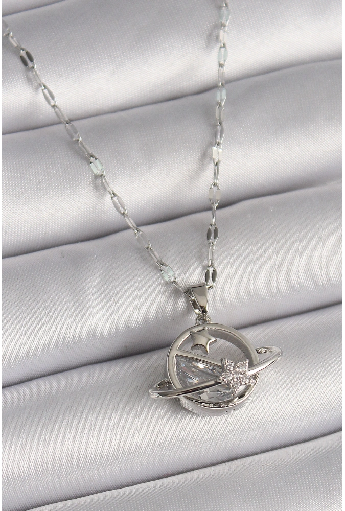 Shoecide 316l Çelik Gümüş Renk Zincir Zirkon Taşlı Yıldız Detay Gezegen Model Kadın Kolye