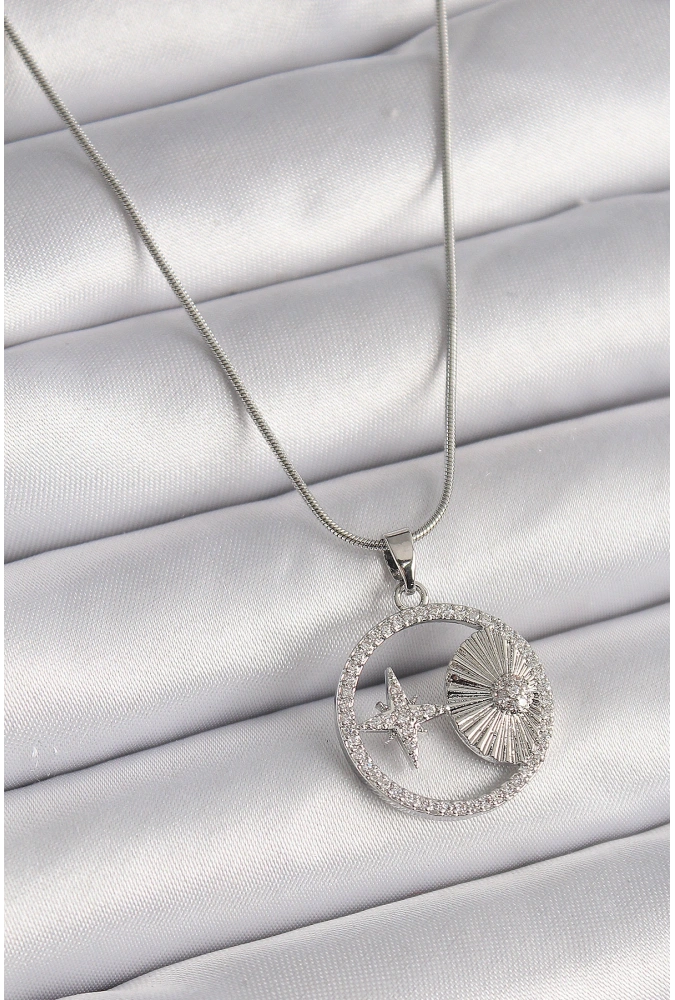 Shoecide 316l Çelik Gümüş Renk Zincir Zirkon Taşlı Yıldız Madalyon Model Kadın Kolye
