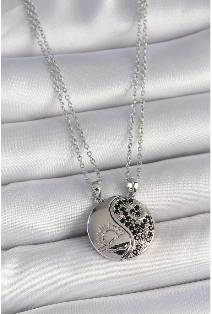 Shoecide 316l Çelik Gümüş Renk Zincir Zirkon Taşlı Ying Yang Model Gün Batımı İşlemeli Arakdaşlık Kadın Kolye