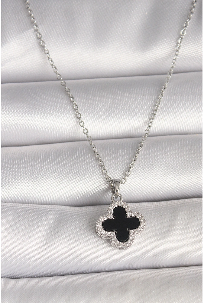 Shoecide 316l Çelik Gümüş Renk Zincir Zirkon Taşlı Yonca Model Kadın Kolye