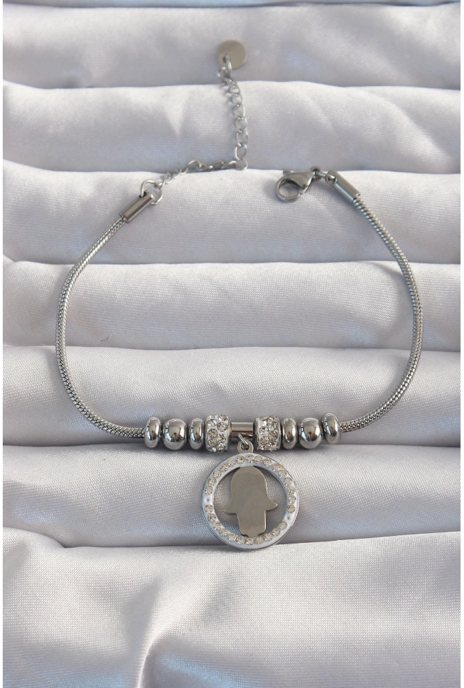 Shoecide 316l Çelik Gümüş Renk Zirkon Taş Aksesuarlı Fatma Ana Eli Bileklik