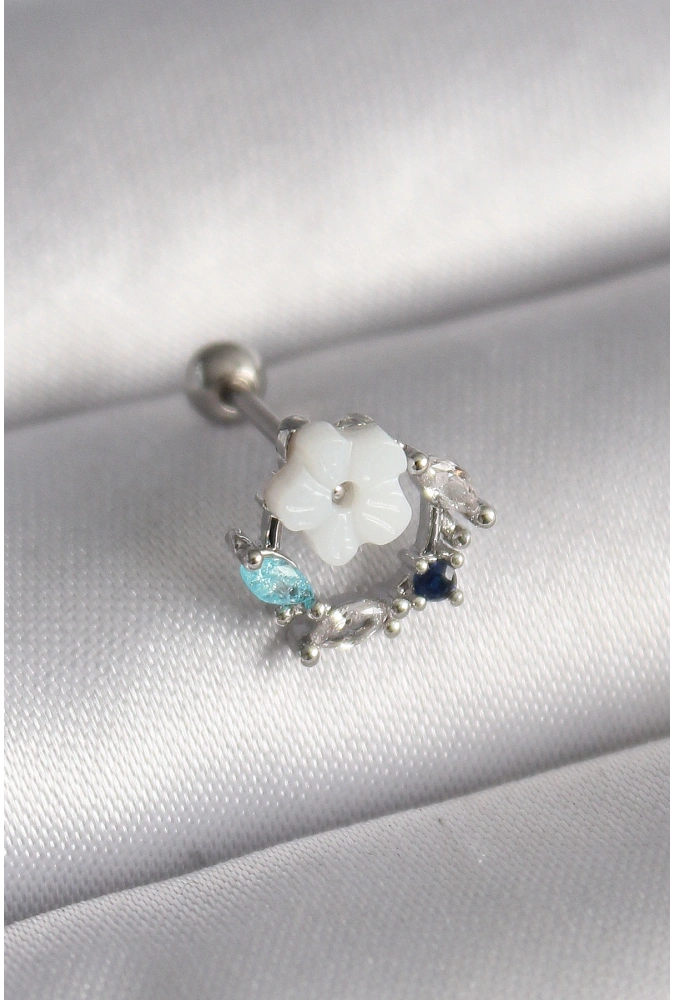 Shoecide 316l Çelik Gümüş Renk Zirkon Taş Detay Beyaz Çiçek Model Tragus Piercing