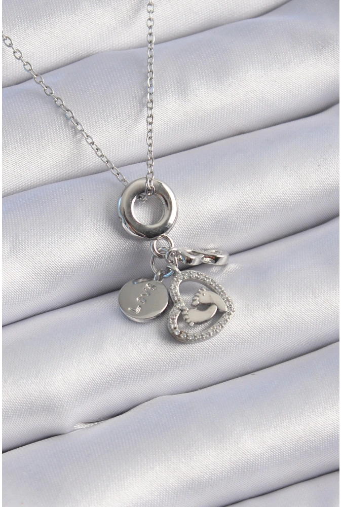 Shoecide 316l Çelik Gümüş Renk Zirkon Taş Detay Kalp Model Charm Kadın Kolye