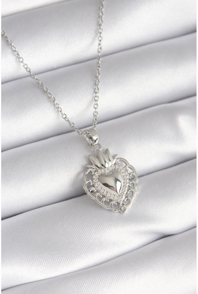 Shoecide 316l Çelik Gümüş Renk Zirkon Taş Detay Taç Kalp Model Kadın Kolye