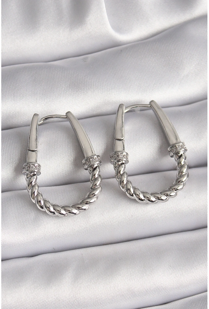 Shoecide 316l Çelik Gümüş Renk Zirkon Taş Detaylı Burma Halka Model Kadın Küpe