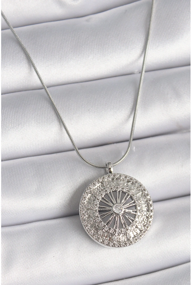 Shoecide 316l Çelik Gümüş Renk Zirkon Taşlı 12 Burç Madalyon Model Kadın Kolye