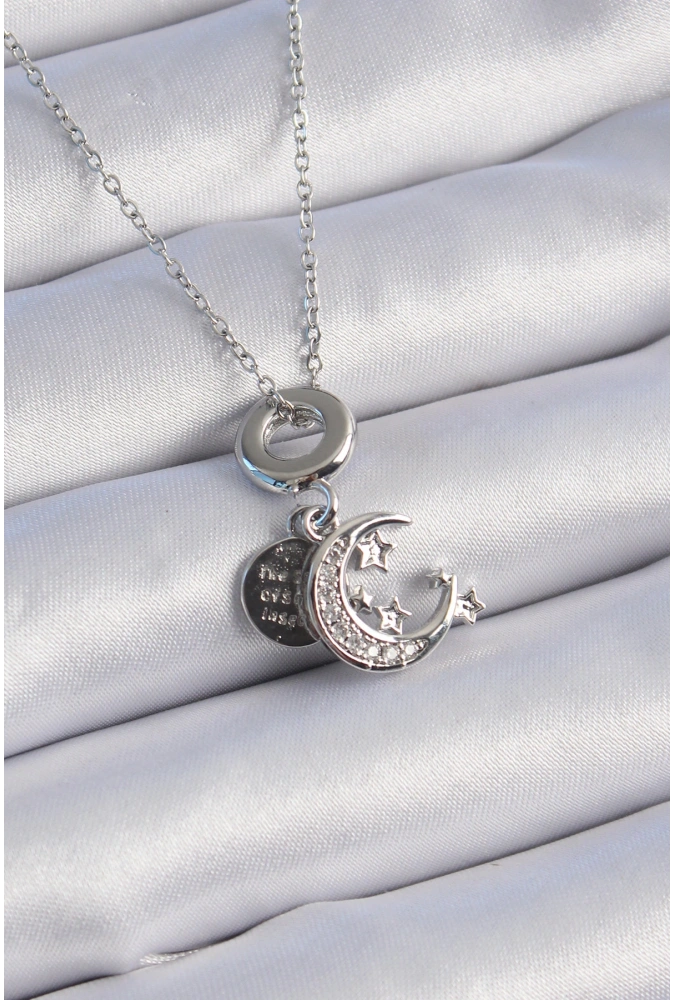 Shoecide 316l Çelik Gümüş Renk Zirkon Taşlı Ay Yıldız  Figür Charm Model Kadın Kolye