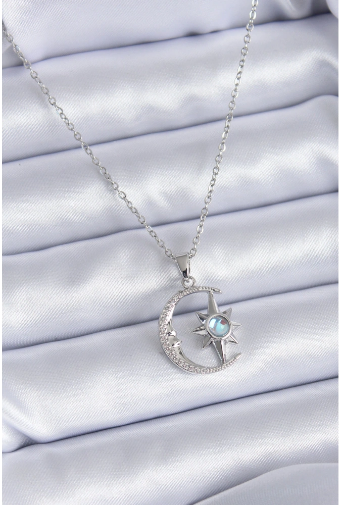 Shoecide 316l Çelik Gümüş Renk Zirkon Taşlı Ay Yıldız Model Kadın Kolye