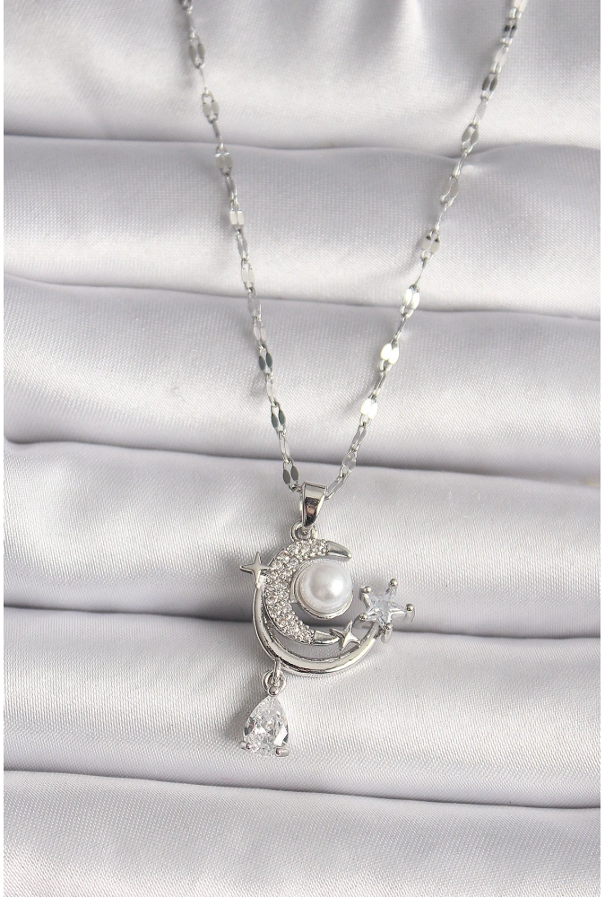 Shoecide 316l Çelik Gümüş Renk Zirkon Taşlı Ay Yıldız Sallantı Detay Kadın Kolye