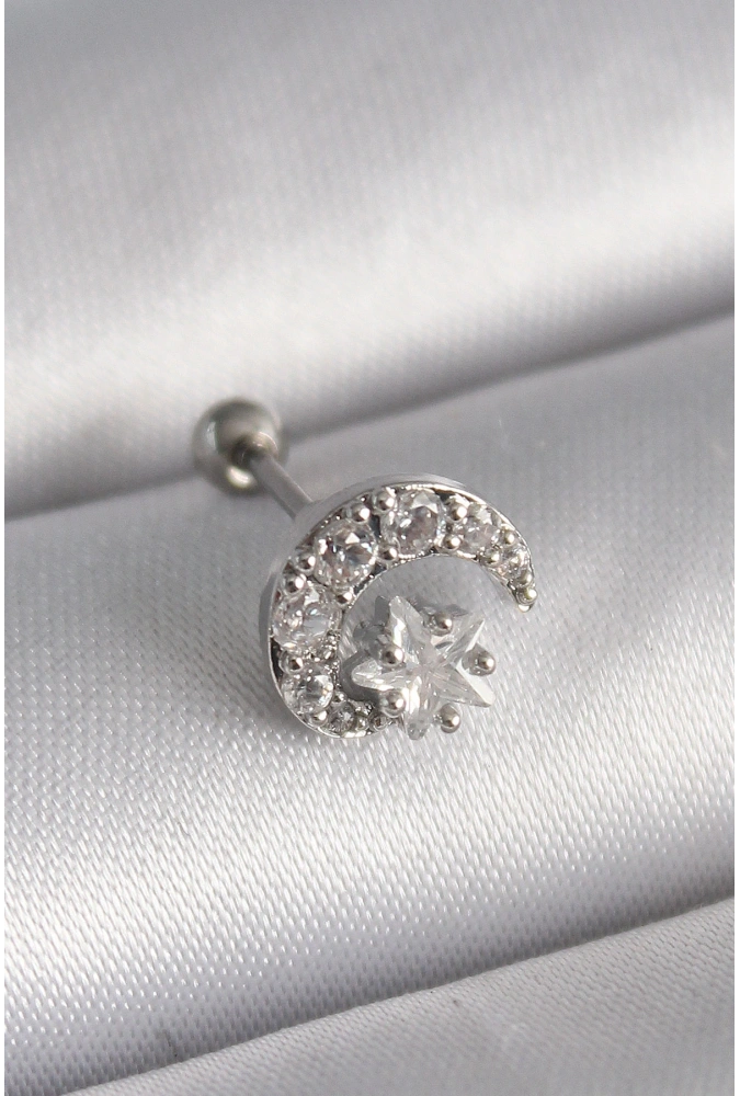 Shoecide 316l Çelik Gümüş Renk Zirkon Taşlı Ay Yıldız Tragus Piercing