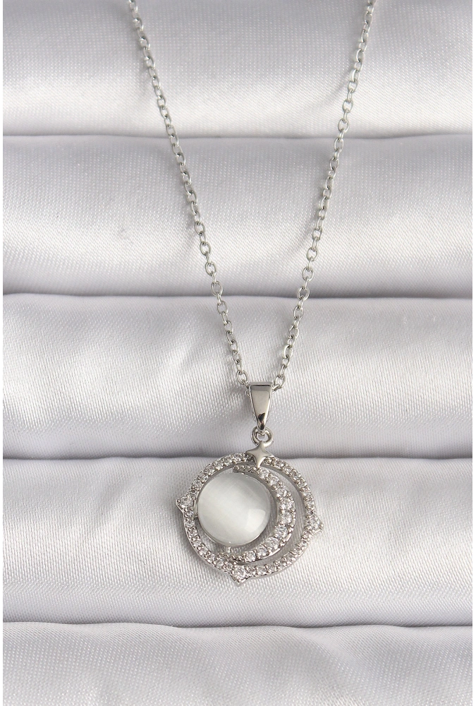 Shoecide 316l Çelik Gümüş Renk Zirkon Taşlı Beyaz Sedefli Hilal Model Kadın Kolye