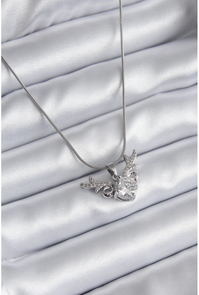 Shoecide 316l Çelik Gümüş Renk Zirkon Taşlı Boynuz Model Kadın Kolye