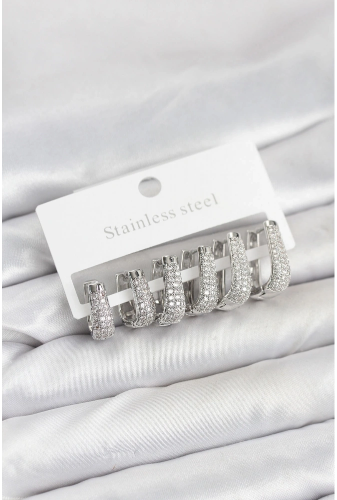Shoecide 316l Çelik Gümüş Renk Zirkon Taşlı Damla Halka Küpe Seti