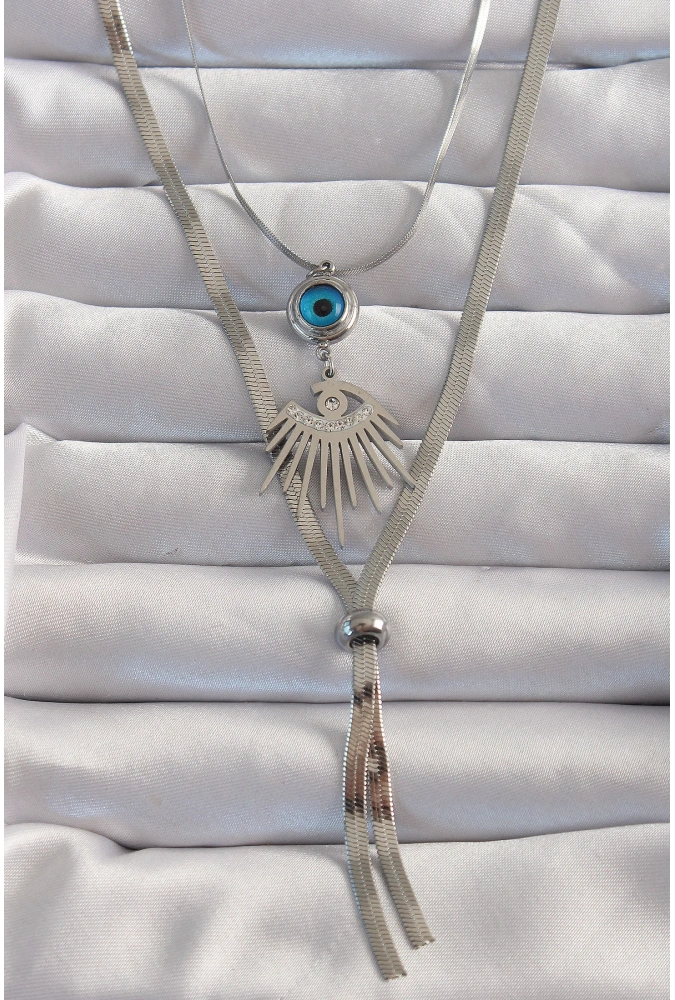 Shoecide 316l Çelik Gümüş Renk Zirkon Taşlı Göz Detay Nazarlı Uzun Asansör Model Kolye