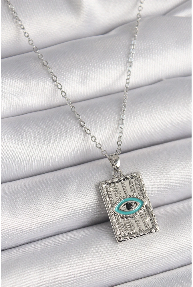 Shoecide 316l Çelik Gümüş Renk Zirkon Taşlı Göz İşleme Detaylı Plaka Model Kadın Kolye