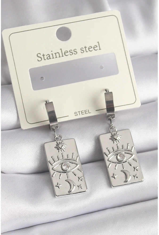 Shoecide 316l Çelik Gümüş Renk Zirkon Taşlı Göz İşleme Detaylı Plaka Model Kadın Küpe