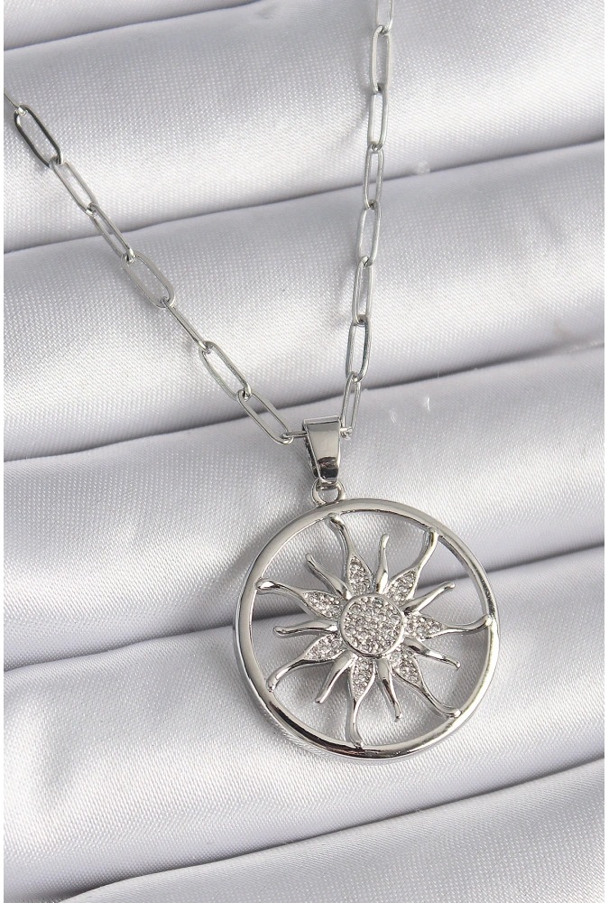 Shoecide 316l Çelik Gümüş Renk Zirkon Taşlı Güneş Madalyon Model Kadın Kolye