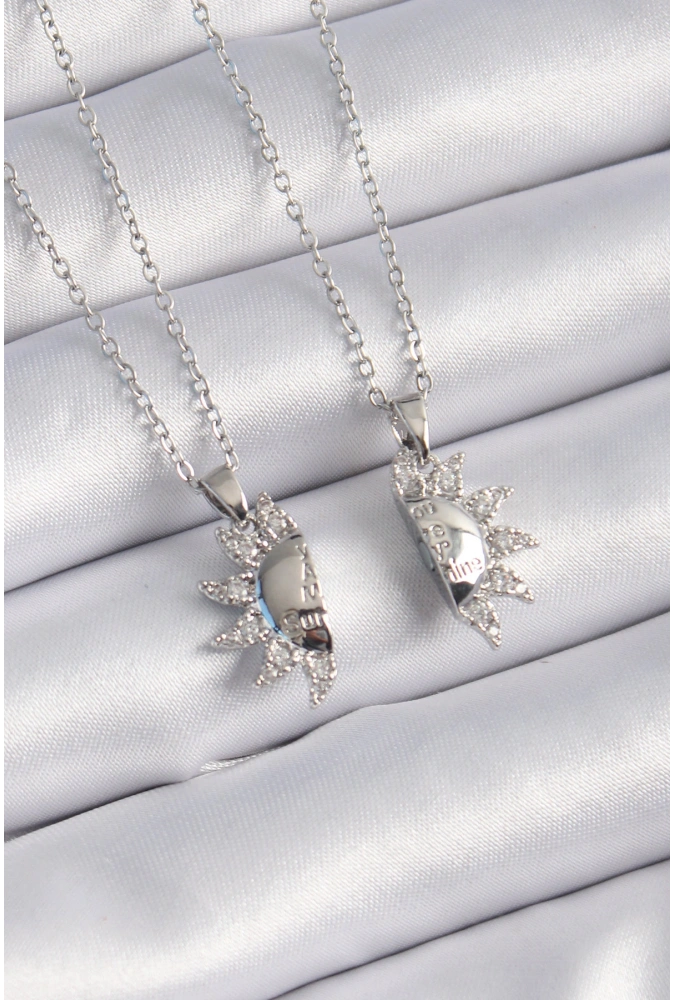 Shoecide 316l Çelik Gümüş Renk Zirkon Taşlı Güneş Model İşleme Yazı Detay Arkadaşlık Kolyesi