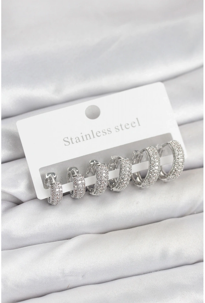 Shoecide 316l Çelik Gümüş Renk Zirkon Taşlı Halka Küpe Seti